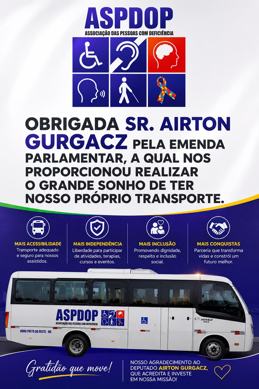 Ônibus adquirido pela ASPDOP por meio de emenda parlamentar