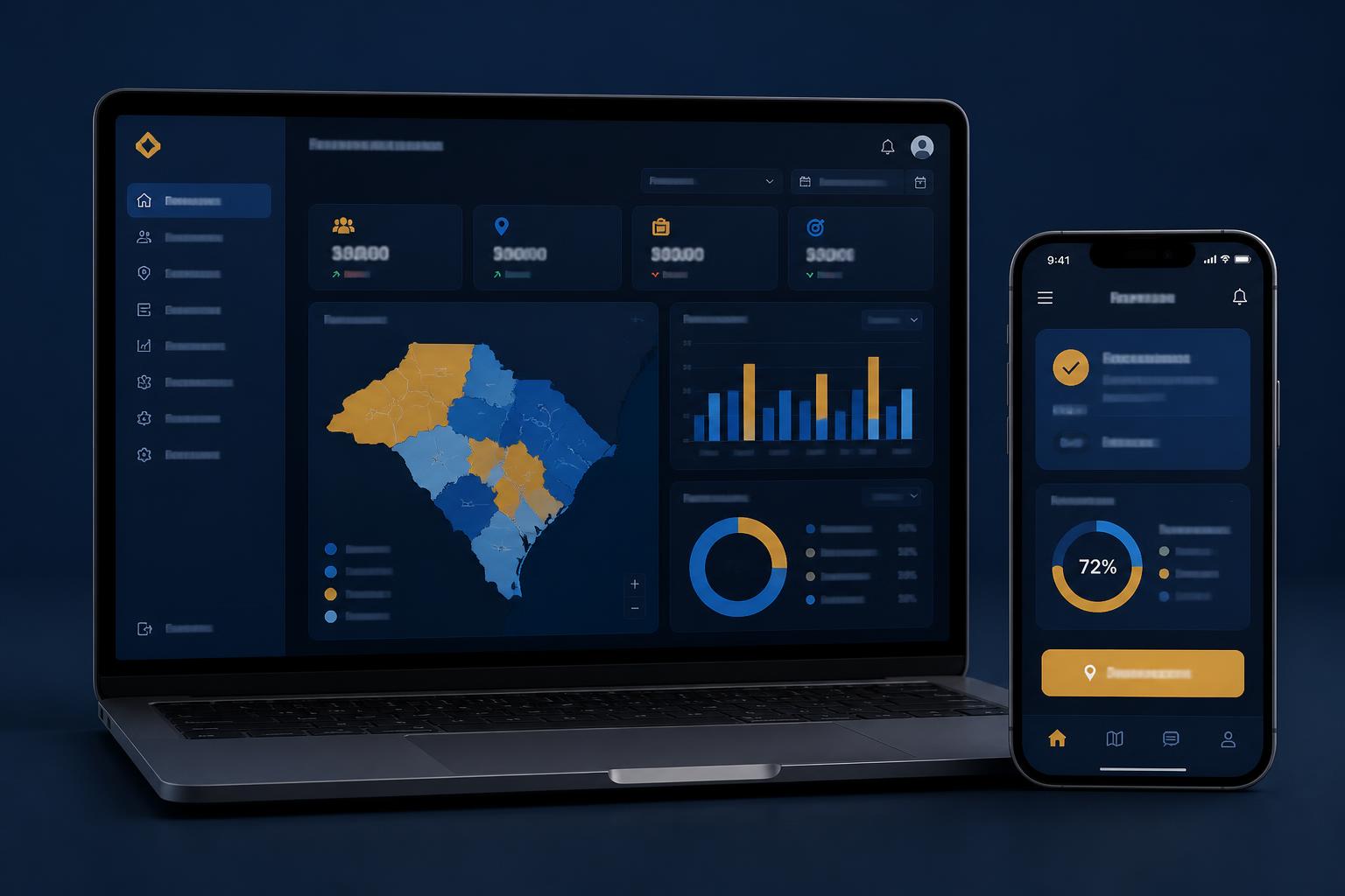 Mockup da plataforma Alfa Strategic: notebook exibindo o painel com mapa, indicadores e gráficos, ao lado de celular com a versão de campo